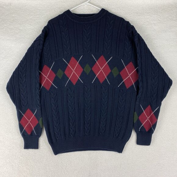 Vintage Woods‎ & Gray Sweater Mens XL Blue Cable Knit Argyle Preppy Heavy Cotton - Picture 1 of 14
